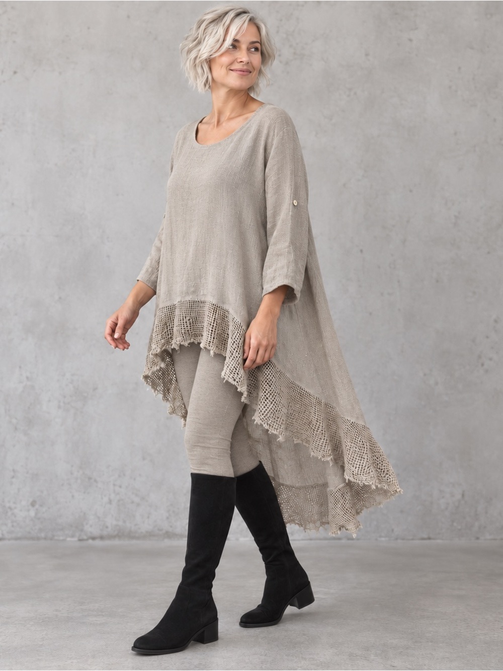 Linen Luv Lagenlook Linen High-Low Tunic Oatmeal Mesh Ruffle Hem, L - XL